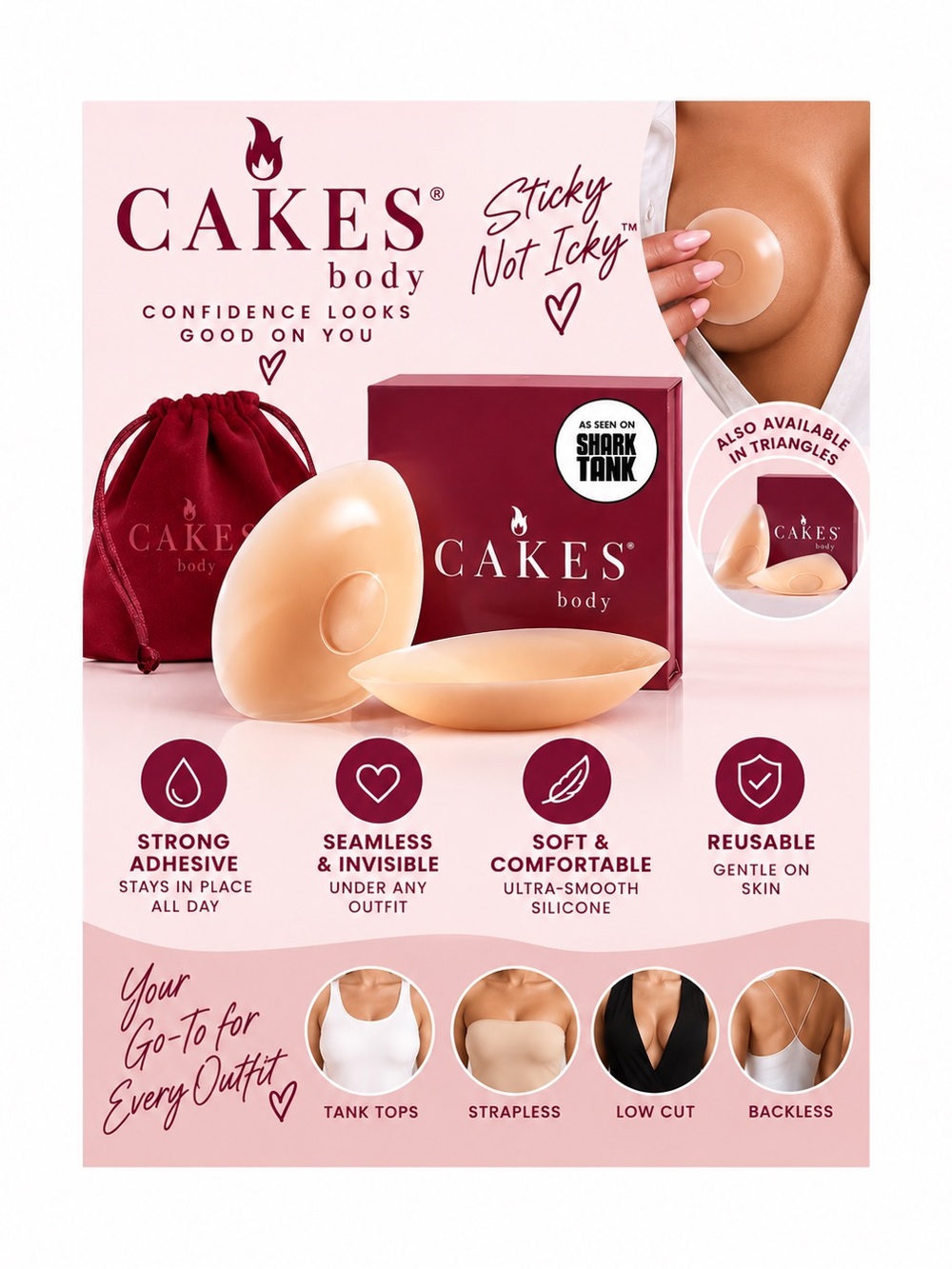 CAKES Body Nude Silicone Adhesive Nipple Covers with Burgundy Pouch